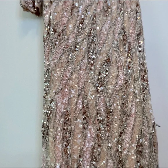 Mac Duggal Asymmetrical One Shoulder Long Sleeve Fully Sequin Gown Rose Gold - Picture 11 of 13